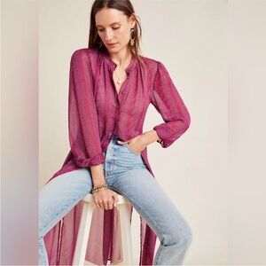 Anthropologie Maeve Imogen Long Sheer Button Front Tunic Top Size 6